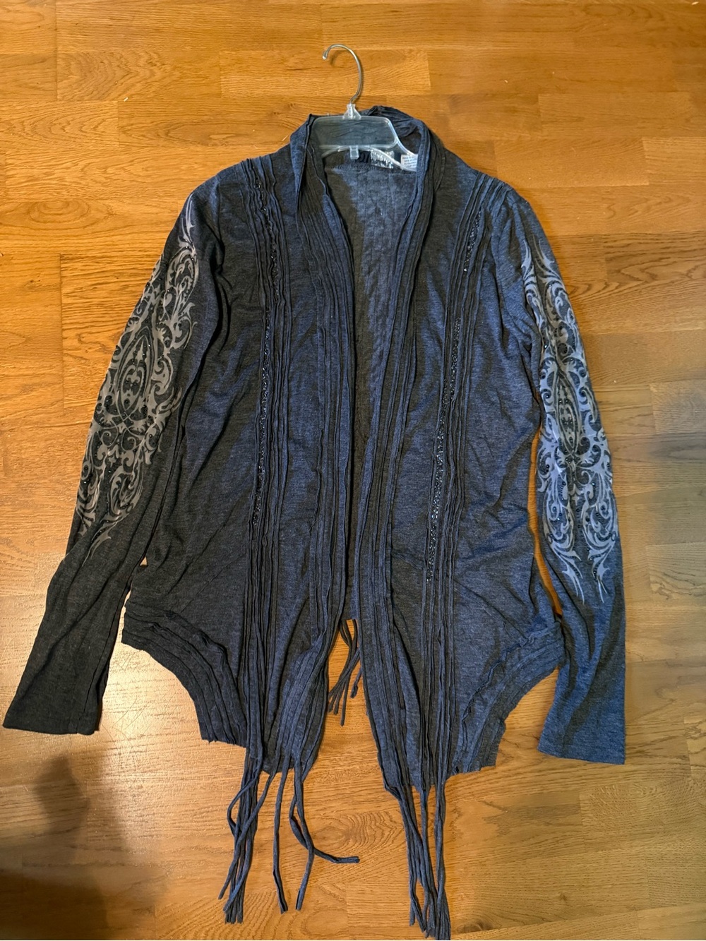 Large Women's Miss me Charcoal Gray Open-Front Fringe Cardigan Sweater